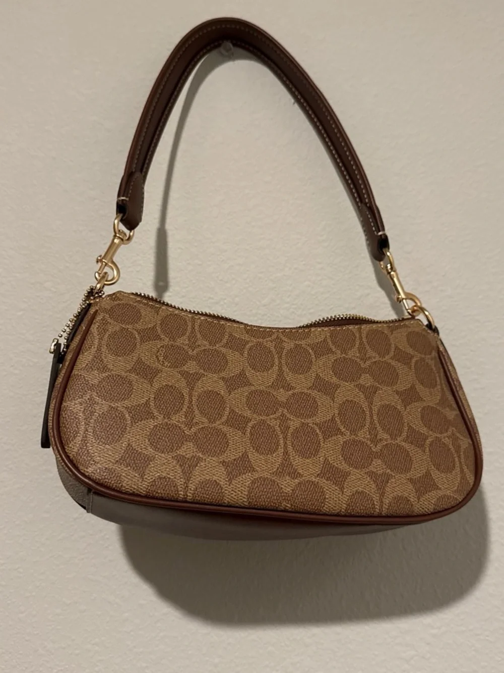 Coach Brown Signature Canvas Shoulder Bag with Dark Brown Leather Trim